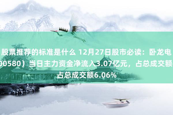 股票推荐的标准是什么 12月27日股市必读：卧龙电驱（600580）当日主力资金净流入3.07亿元，占总成交额6.06%